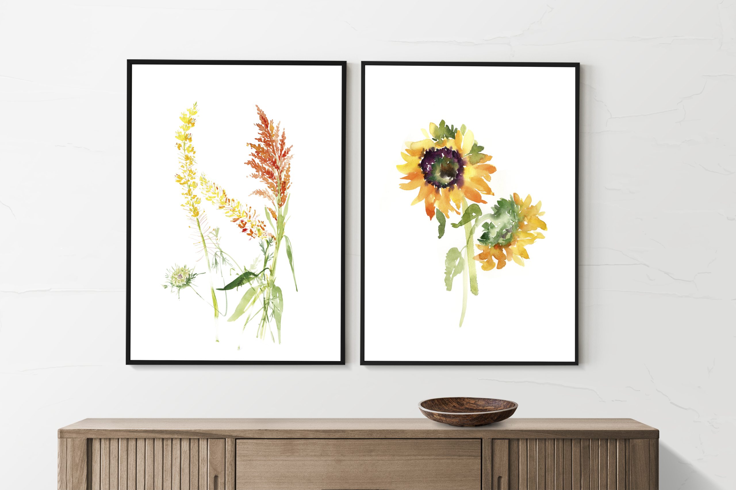 Picture frame mockups psd hanging in a minimal room