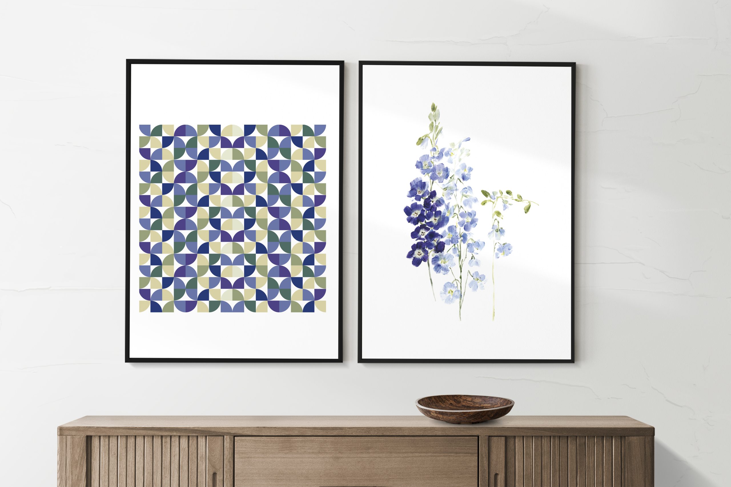 Picture frame mockups psd hanging in a minimal room